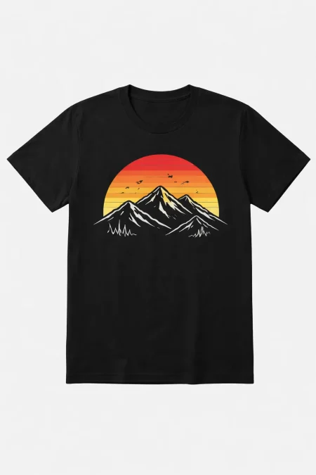 Black T-Shirt design with Minimalist mountain line art with sunset
