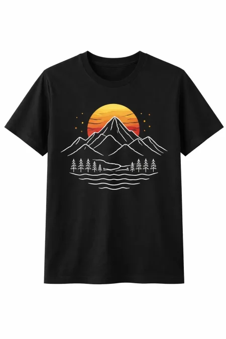 Black T-Shirt design with Minimalist mountain line art with sunset (2)