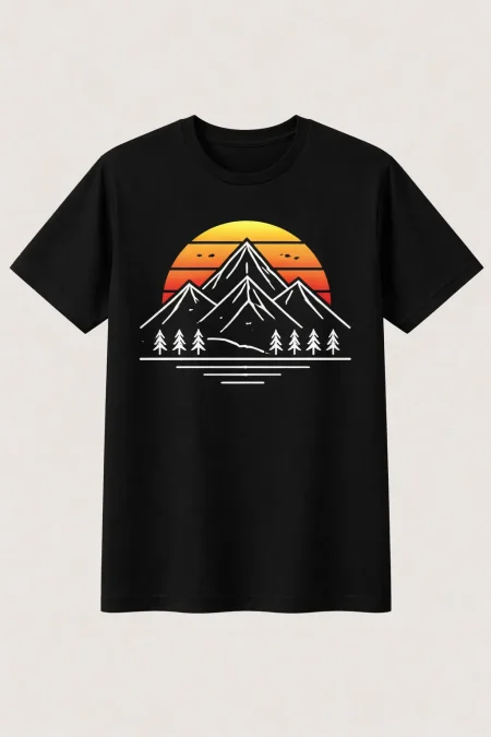 Black T-Shirt design with Minimalist mountain line art with sunset design 3
