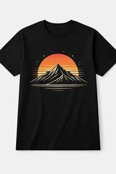 Black T-Shirt design with Minimalist mountain line art with sunset (5)
