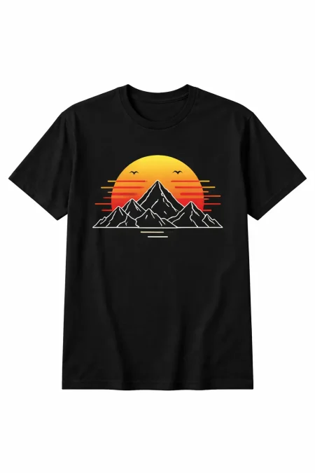 Black T-Shirt design with Minimalist mountain line art with sunset gradient Design 1