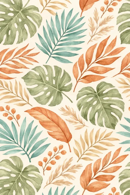 Tropical leaves with soft watercolor textures
