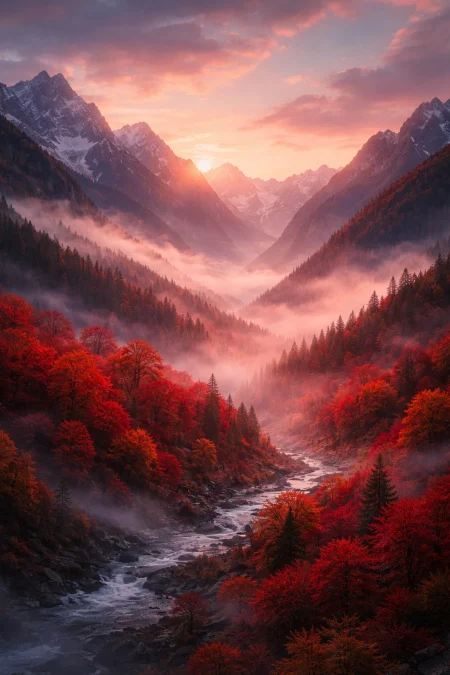 Misty mountain valley at dawn Portarit 5