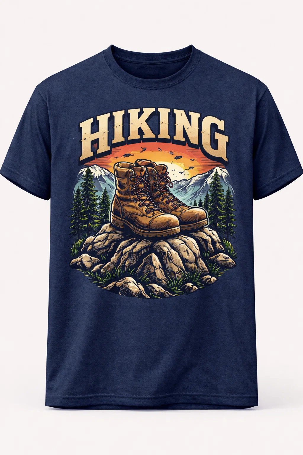 T-Shirt Design with Hiking boots standing on rocky peak design in Indigo Colour (1)