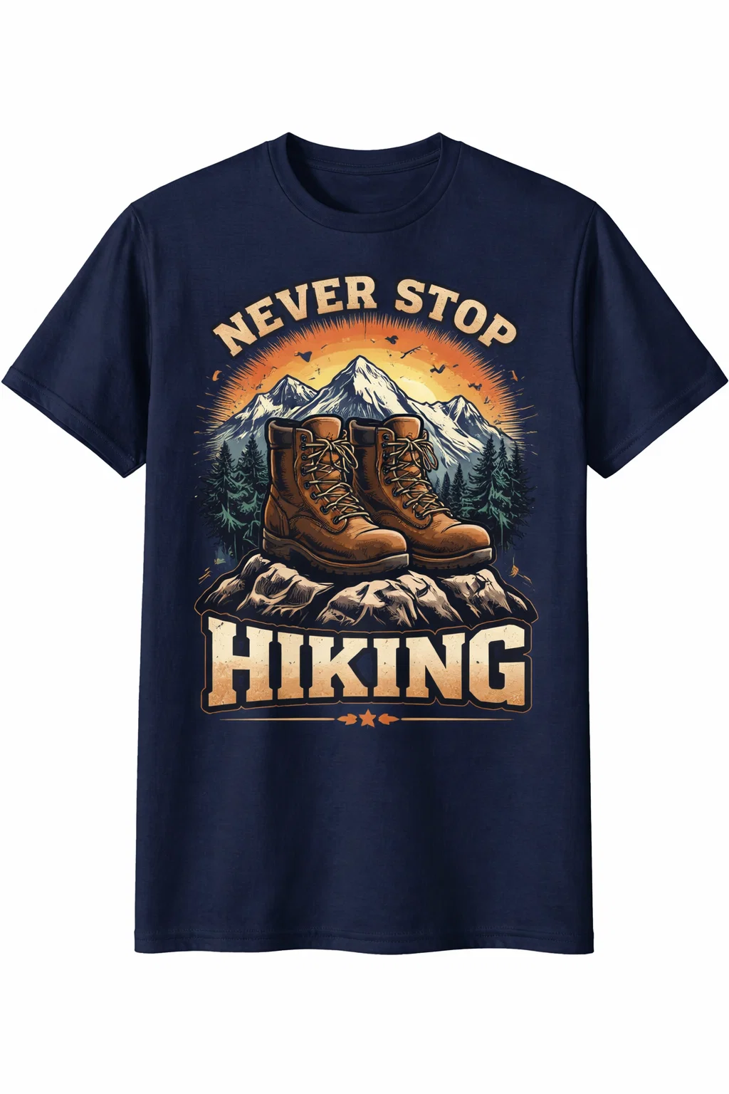 T-Shirt Design with Hiking boots standing on rocky peak design in Indigo Colour (2)
