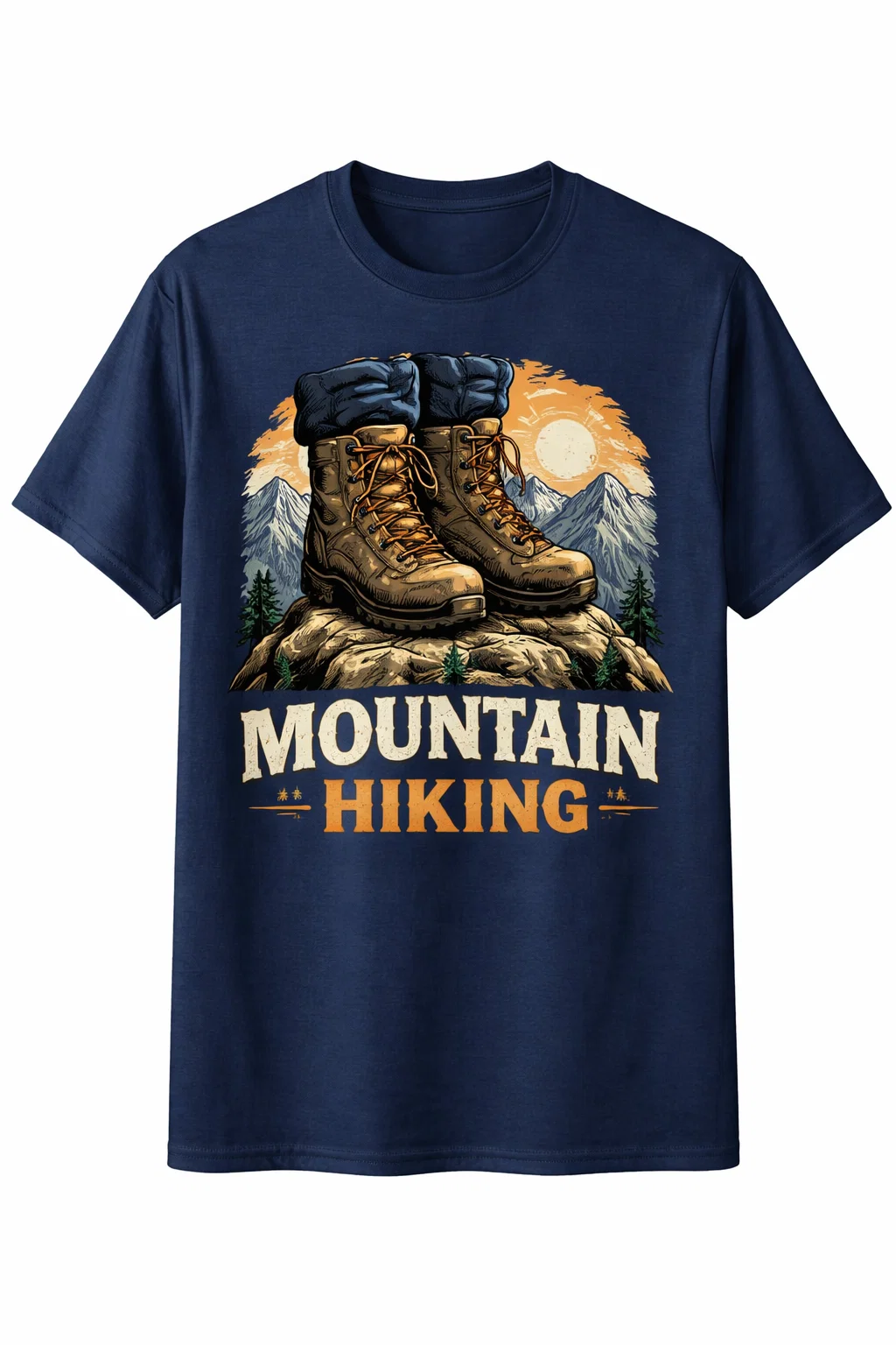 T-Shirt Design with Hiking boots standing on rocky peak design in Indigo Colour (3)