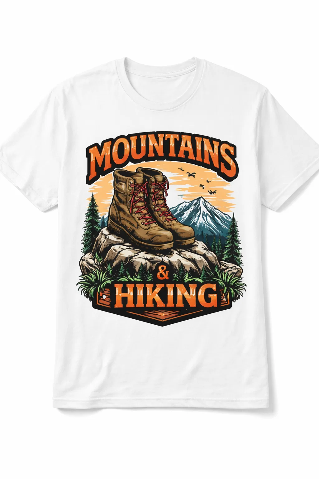 White T-Shirt design with Hiking boots standing on rocky peak