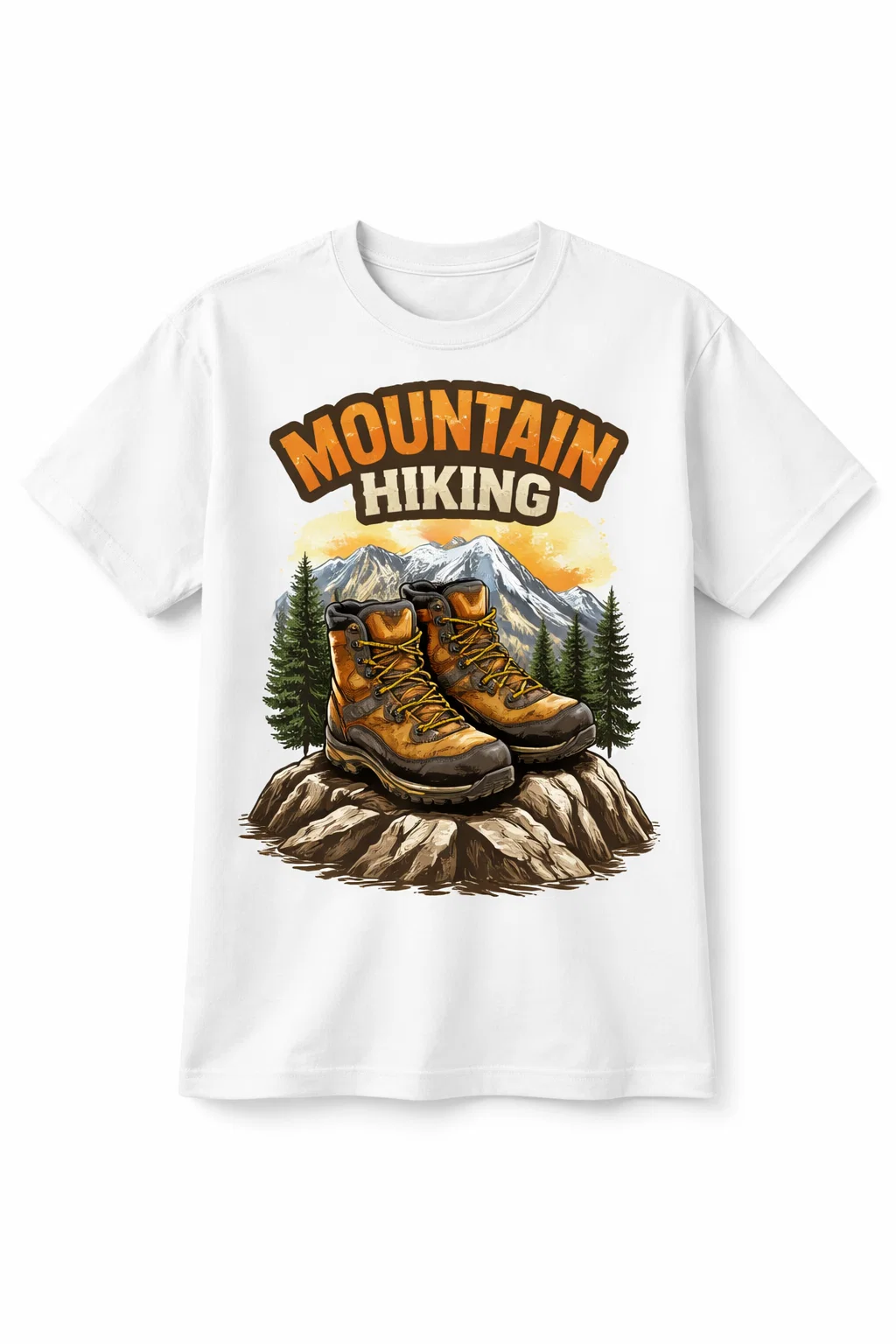 White t shirt with Hiking boots standing on rocky peak