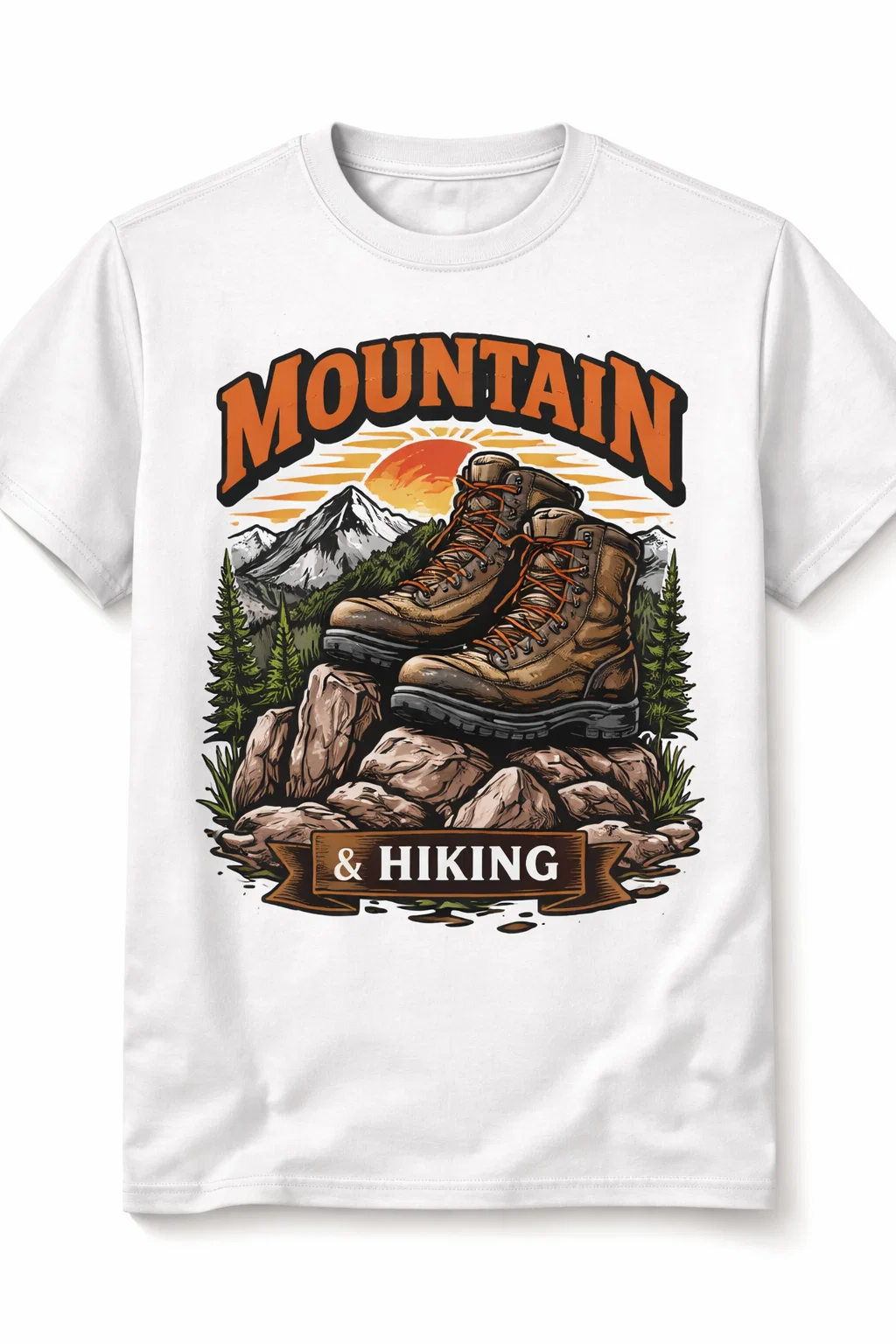 White t shirt with Hiking boots standing on rocky peak
