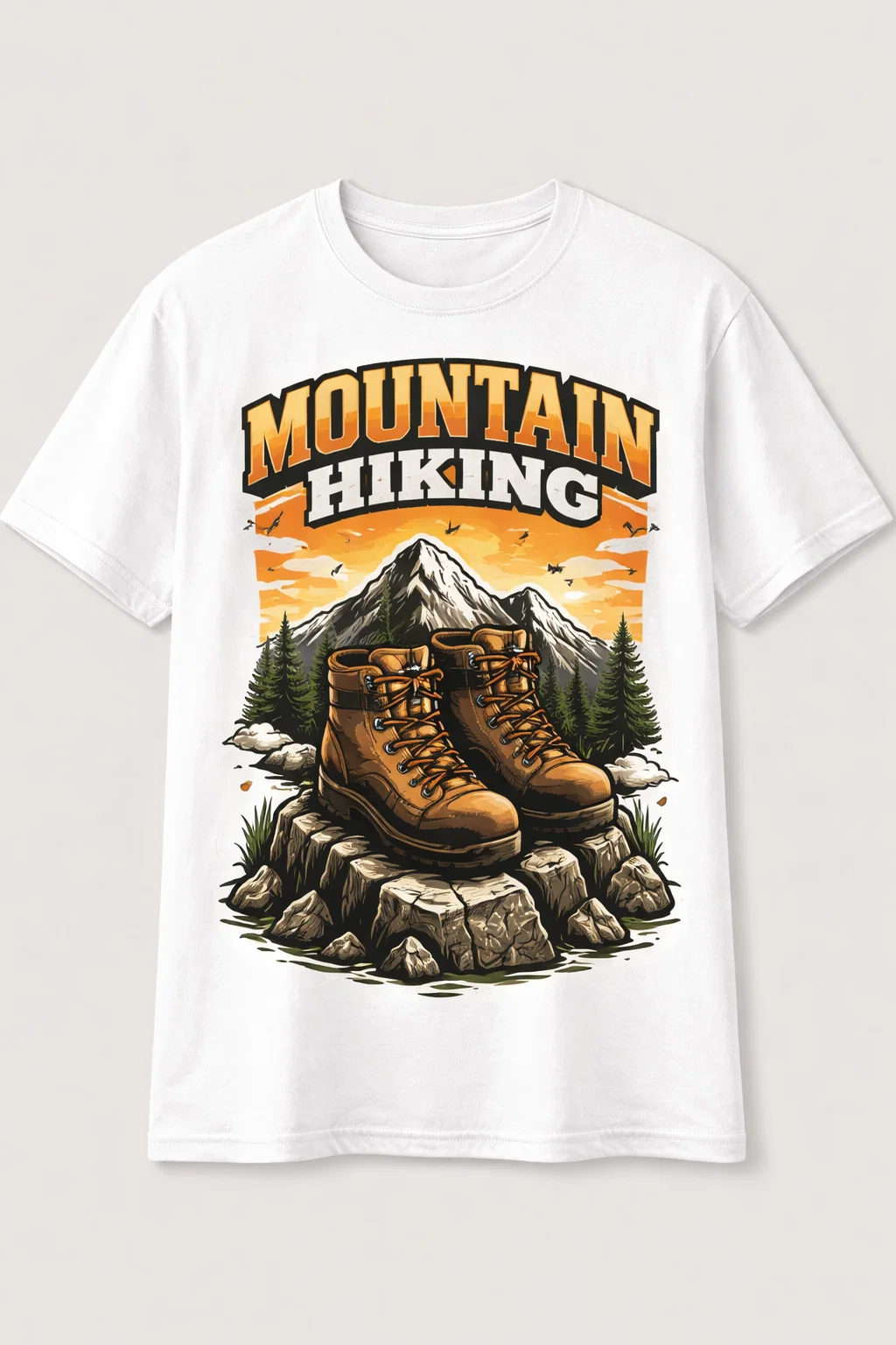 White t shirt with Hiking boots standing on rocky peak 6
